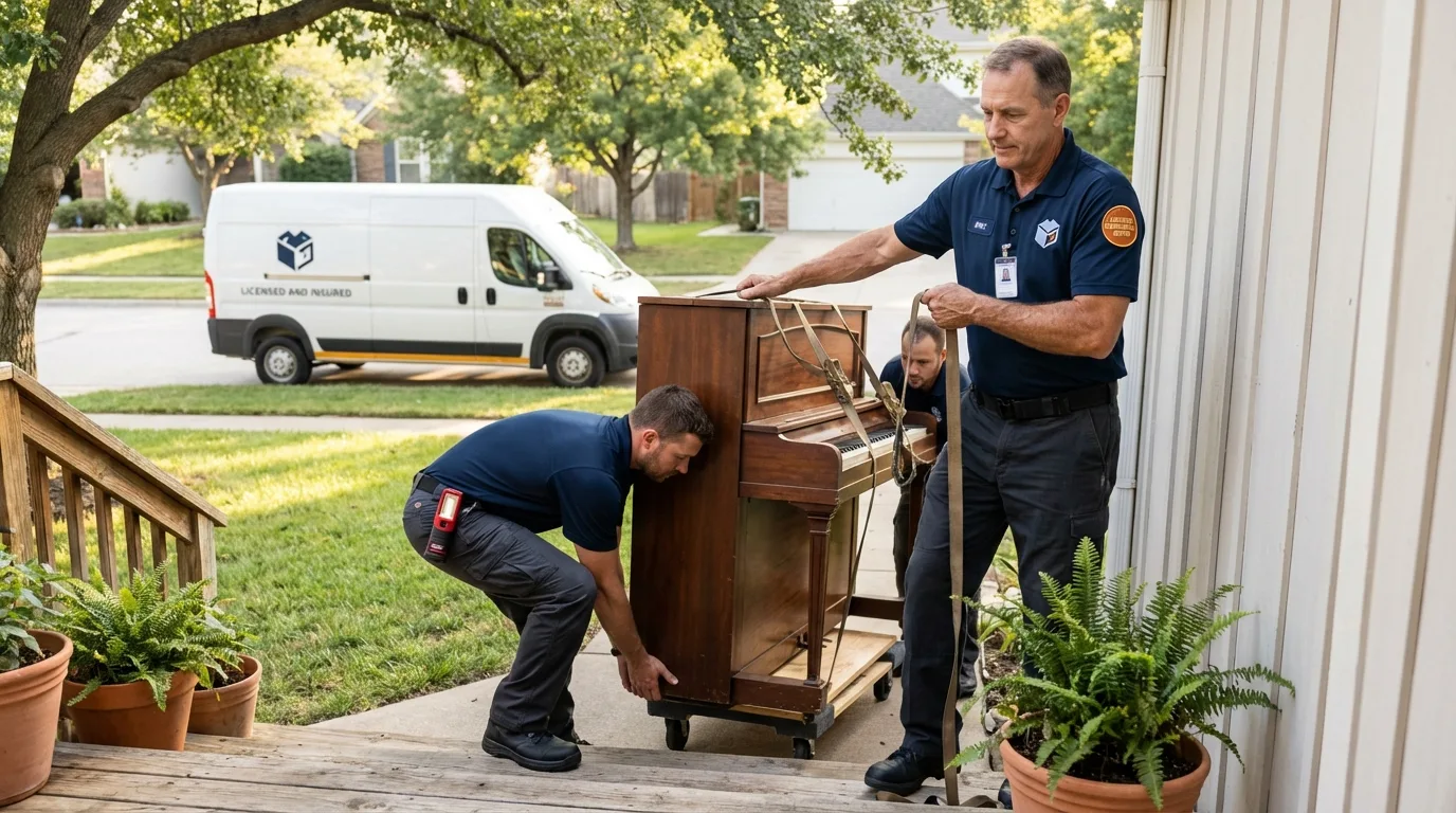 Licensed piano movers securing grand piano in Kingsville, TX