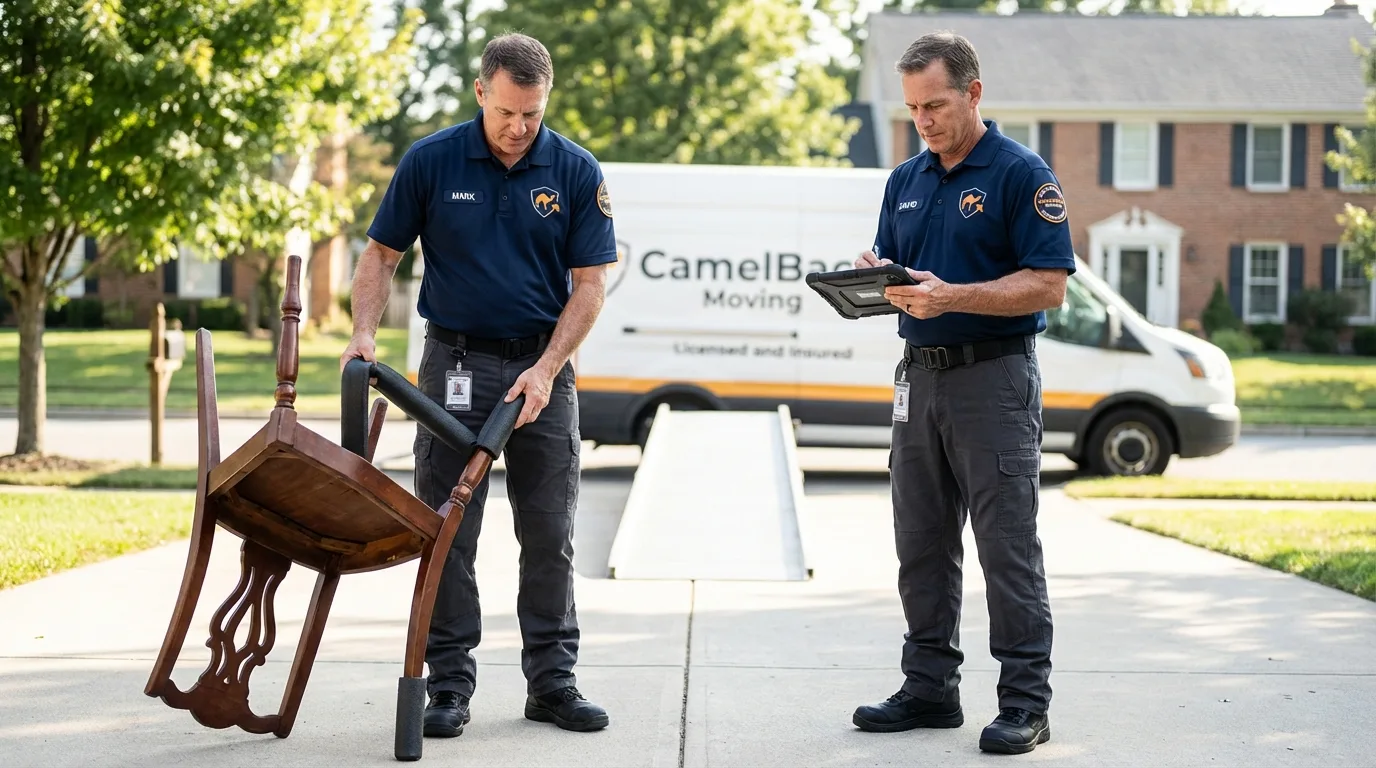 Movers inspecting furniture for damage prevention before loading in Kingsville, TX