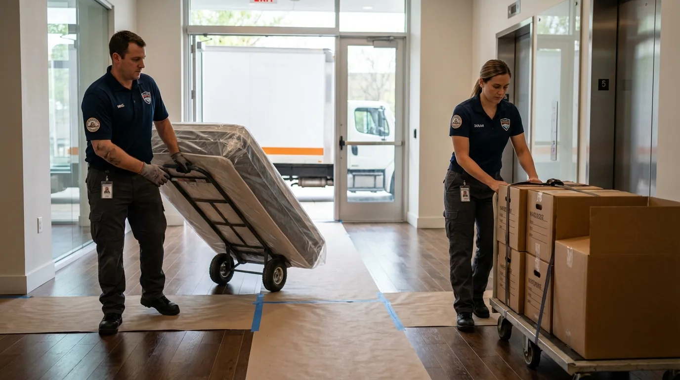 Professional apartment movers loading elevator in Kingsville, TX