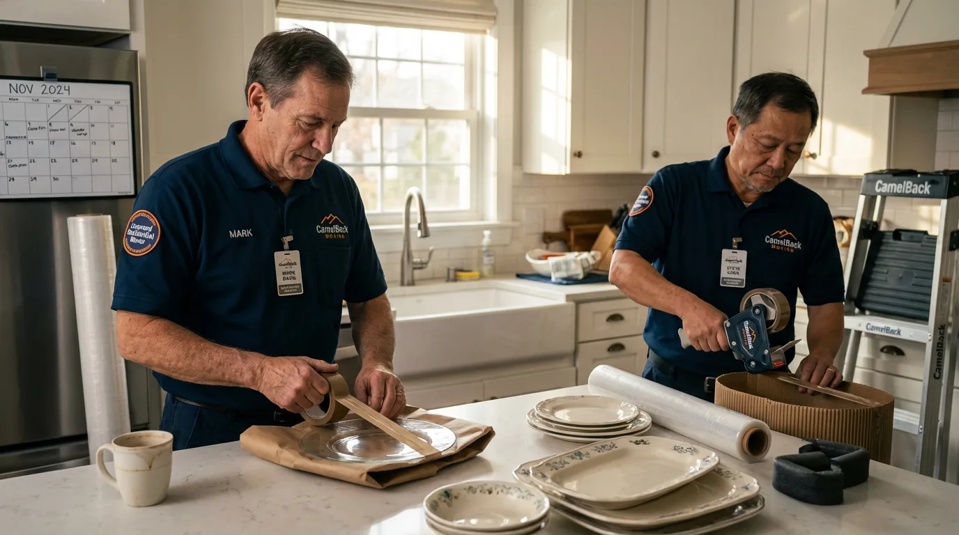 Professional crew packing kitchen dishware in Kingsville, TX
